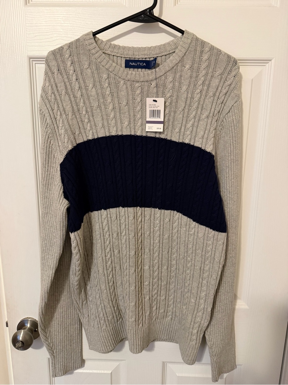 Nautica Men’s Crewneck Cable Knit Sweater in Light Gray with Navy Stripe